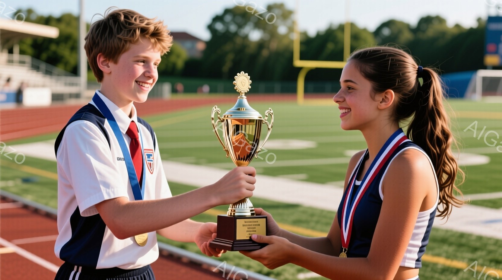 少年と少女は、陸上競技場のトラック上でトロフィーを交換しようとしています。少年は白いシャツに青いネクタイと短パン、少女は黒いタンクトップに短パンを着用し、それぞれ首にメダルをかけています。背景には緑の芝生、観客席、そして晴れた空が広がっており、全体的に明るく活気のある雰囲気が漂っています。