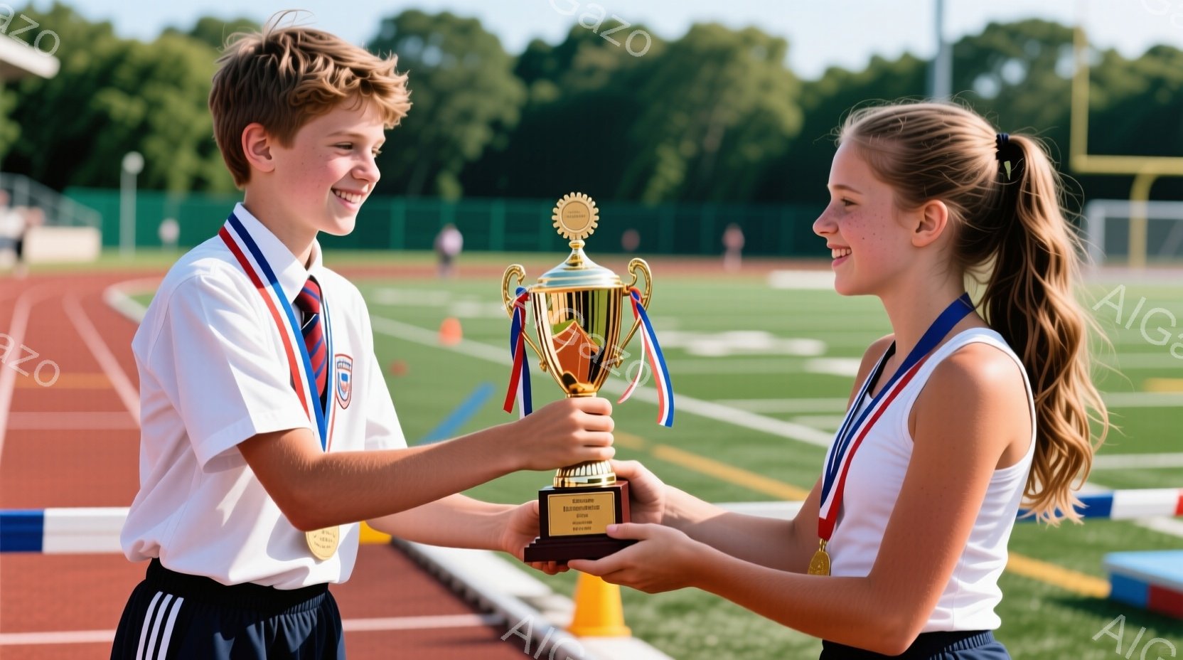 少年と少女が競技場でトロフィーを掲げている。少年は白のポロシャツに濃い青色の短パン、首にはメダルをかけている。少女は白いタンクトップと短パン姿で、彼女もまたメダルをかけており、両者とも満面の笑みを浮か - AI生成フリー素材