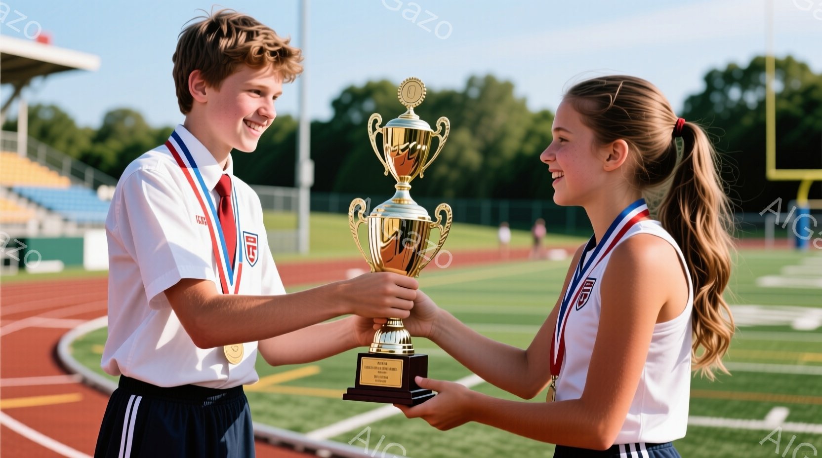 二人の若い競技者が、トラック競技場のランニングコース上でトロフィーを掲げています。少年は白いシャツに紺色の短パン、首にはメダルをかけており、少女は白いタンクトップに赤いショーツ、同じくメダルをかけてい - AI生成フリー素材