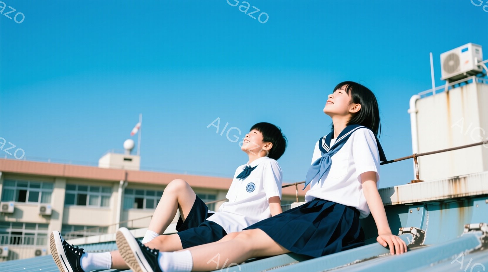 制服を着た二人の女子高生が、屋上の縁に座って空を見上げている。紺色のブレザーに白いシャツ、チェックのスカート、そして赤いリボンが特徴的で、髪はそれぞれ長く、片方は黒髪で、もう片方は少し明るい茶髪である - AI生成フリー素材