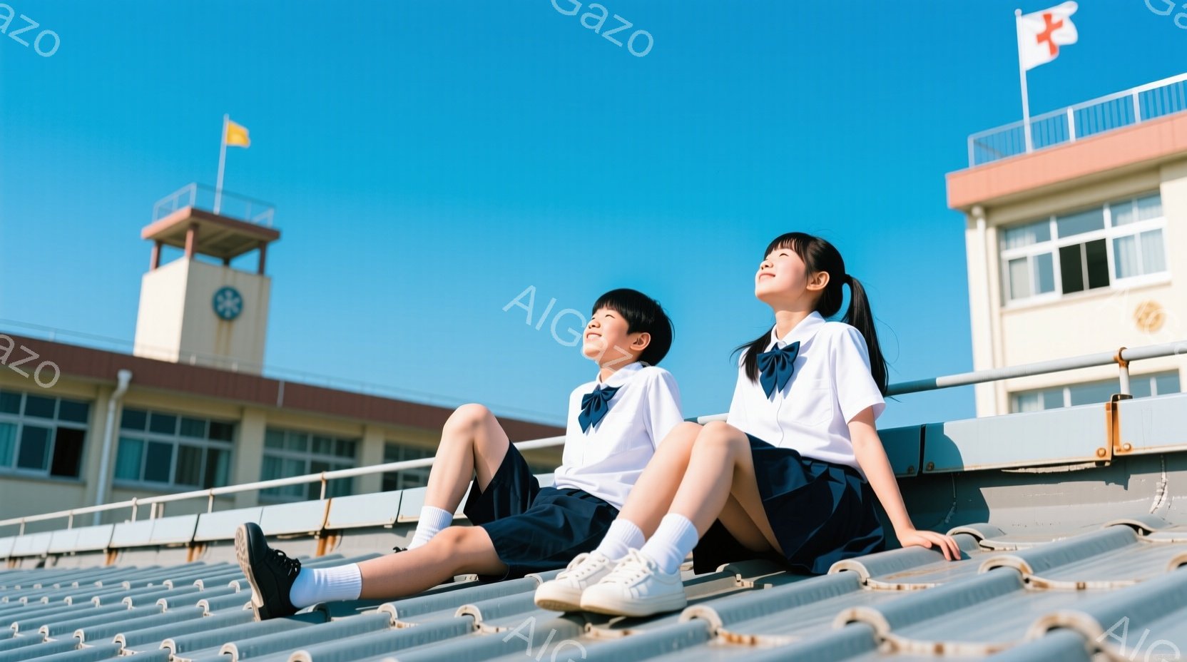 二人の少女が、波型の金属屋根に座って空を見上げている。紺色のスカートと白いブラウス、ネクタイを着用し、白いソックスとスニーカーを履いている。背景には、日本の学校らしき建物があり、晴天の下、青空が広がっている。