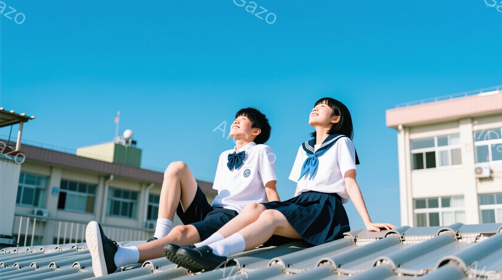 制服を着た女子高生二人が、瓦屋根の上に座って空を見上げています。二人は白いシャツに紺色のスカート、それぞれネクタイを締めており、髪は肩までの長さで、笑顔を浮かべています。背景には学校の建物が見え、晴れた青空が広がっており、爽やかで開放的な雰囲気が漂っています。