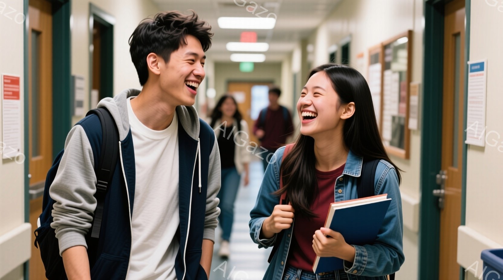 若い男女が廊下で向かい合い、満面の笑みを浮かべている。男性はグレーのセーターに白のTシャツ、バックパックを背負い、女性は赤いシャツにデニムジャケットを着て、青い本を手にしている。背景には廊下の壁と他の - AI生成フリー素材