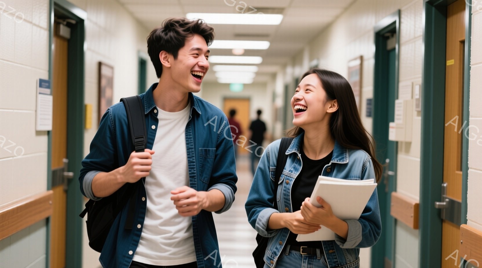 若い男女が廊下を歩きながら笑顔で話しています。男性はデニムジャケットと白いTシャツを着ており、黒いバックパックを背負っています。女性は同じくデニムジャケットを着て、手に書類を持っており、二人は明らかに - AI生成フリー素材