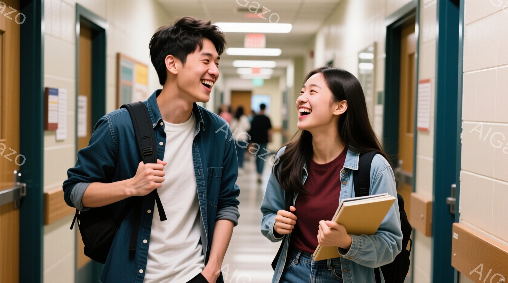 若い男女が廊下を歩きながら互いに見つめ合い、楽しそうに笑っている。男性は白いTシャツにデニムのジャケット、女性は紫色のTシャツにデニムのジャケットとスカートを着用しており、それぞれリュックサックを背負 - AI生成フリー素材