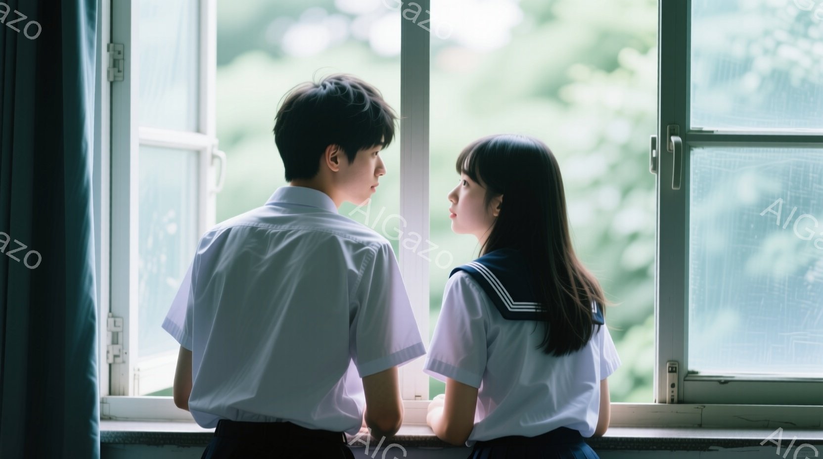 制服を着た少年と少女が窓辺に並んで立っている。少年は黒髪で、白いシャツを着ており、少し緊張した表情をしている。少女は長い黒髪を後ろでまとめ、セーラー服を着ており、少し物憂げな表情で外を見ている。 - AI生成フリー素材