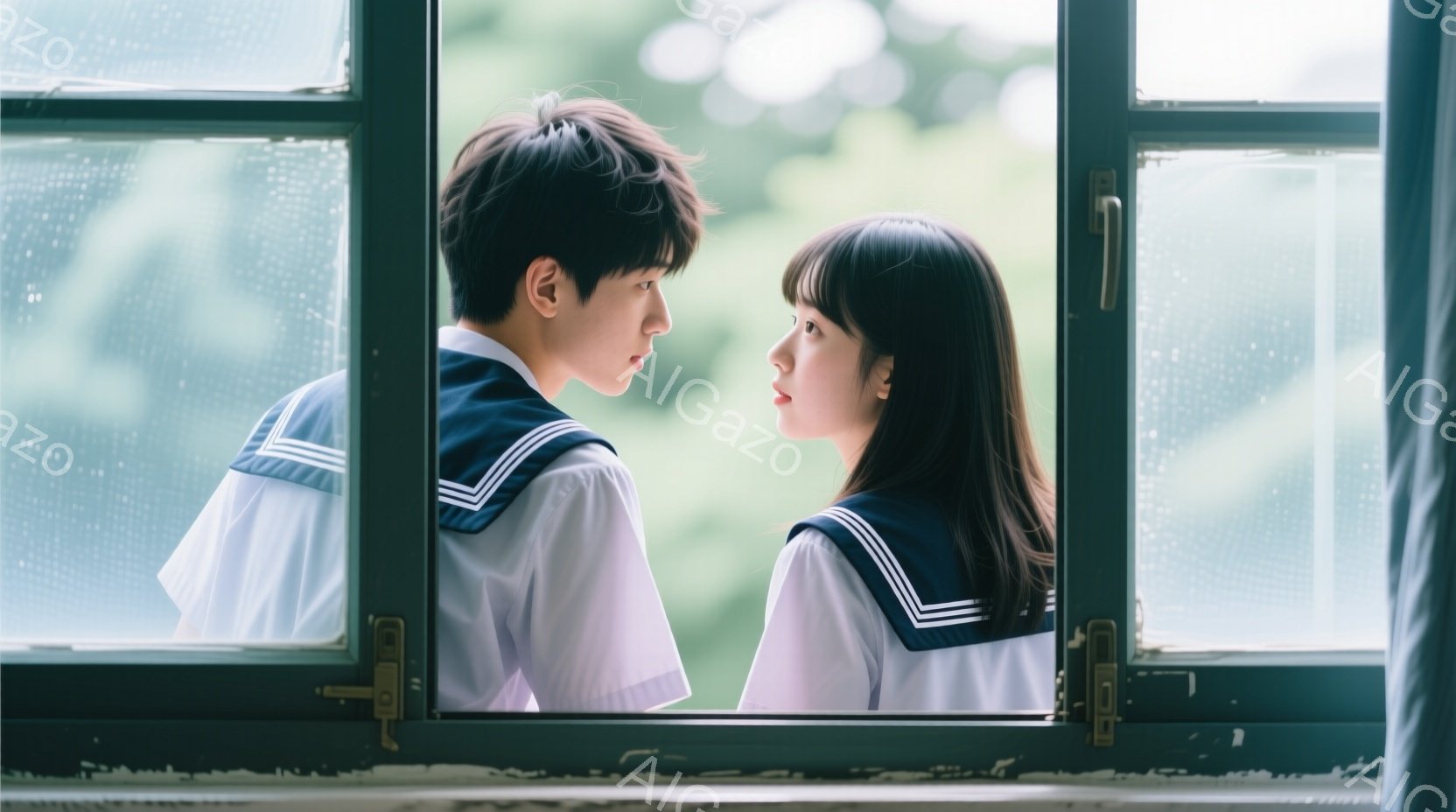 制服姿の男女が窓枠を通して見つめ合っている。男の子は黒髪で、少し憂いを帯びた表情をしている。女の子は前髪を下ろしたショートヘアで、物憂げな視線を男の子に向け、二人の間には静かで少し切ない雰囲気が漂って - AI生成フリー素材