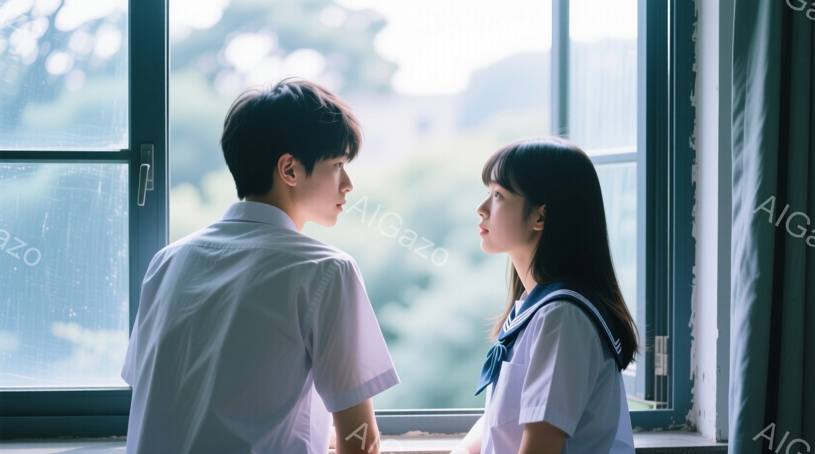 制服姿の男女が窓辺に並んで座り、互いに少し視線をずらして何かを考えている様子が描かれています。男の子は白いシャツを着ており、女の子はセーラー服で、どちらも少し憂いを帯びた表情をしています。窓の外には緑豊かな風景が広がり、雨上がりのようなしっとりとした雰囲気が漂っています。