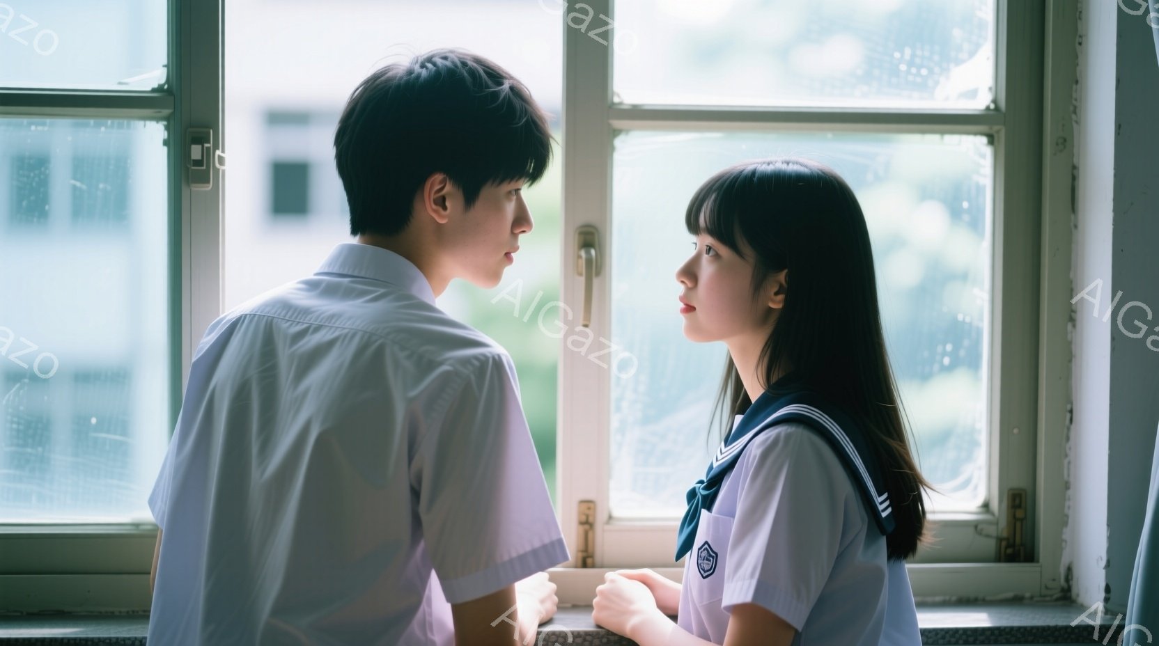 制服を着た少年と少女が窓枠の前で向き合っている。少年は黒髪で白いシャツを着ており、少女は黒髪のロングヘアで、セーラー服を着ている。窓の外にはぼやけた高層ビルが見え、光が差し込んでいることから晴天である - AI生成フリー素材