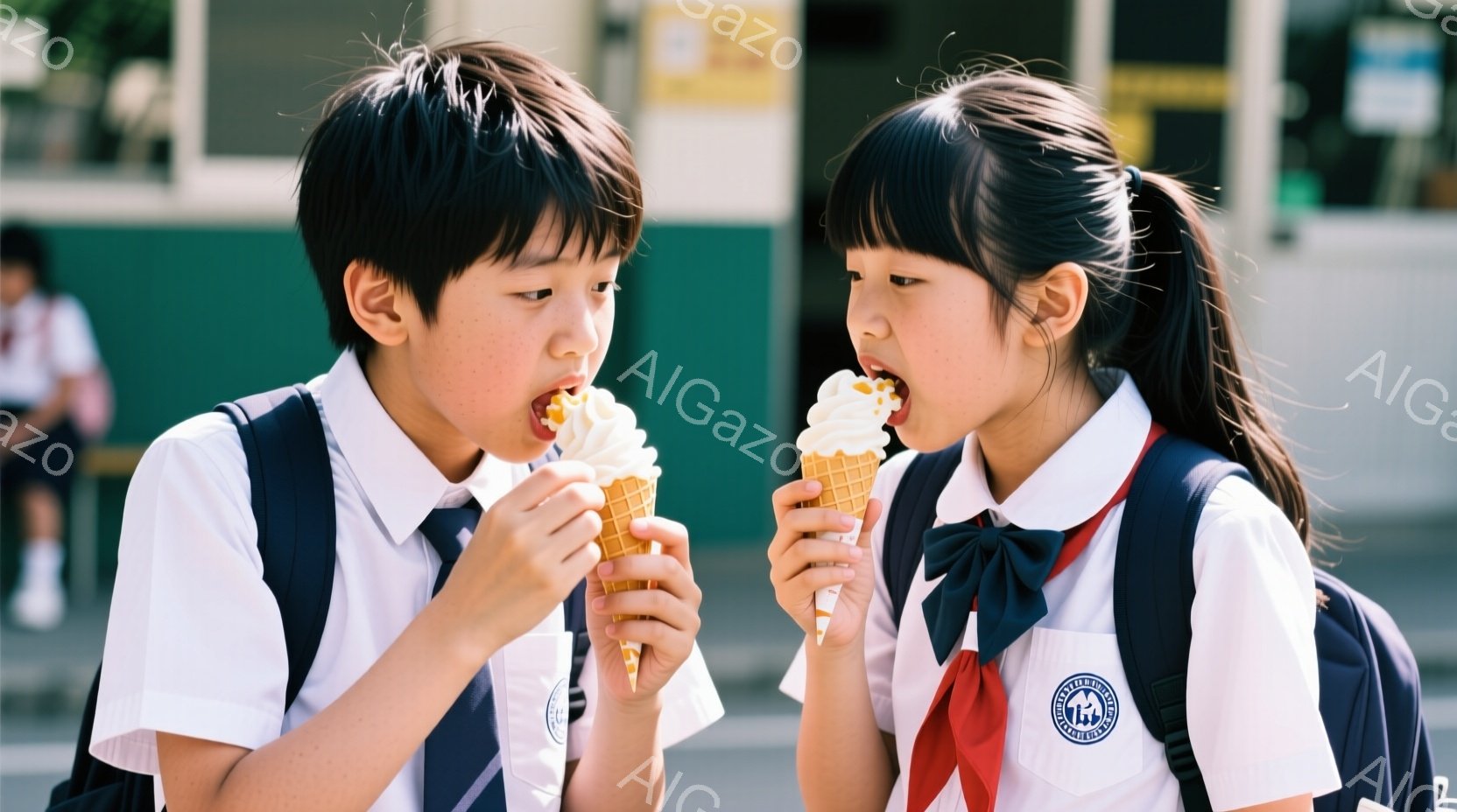 制服を着た二人の子供が、それぞれアイスクリームを手にしている様子が写っている。男の子は黒髪で、アイスクリームを美味しそうに食べている。女の子も黒髪をツインテールにし、少し口を開けてアイスクリームを楽しんでいる。