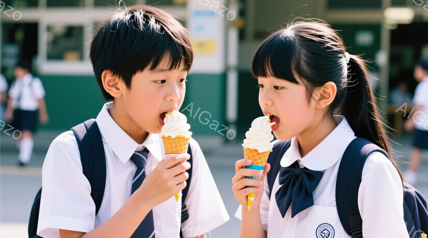 制服を着た男子高校生と女子高校生が、それぞれゴミ袋を持って歩いている様子が写っている。男子は黒髪で、少し微笑んでいる。女子はロングヘアをハーフアップにしており、明るい笑顔でゴミ袋を高く掲げている。