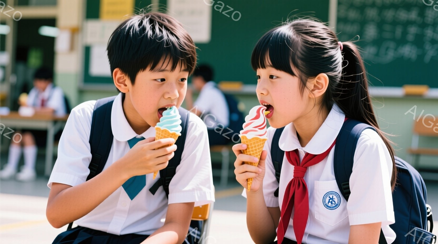 少年と少女は学校の敷地でアイスクリームを楽しんでいる。制服を着ており、少年は短い黒髪、少女はポニーテールで、どちらもアイスクリームに集中した表情をしている。背景には他の生徒や建物が見え、晴れた日の明る - AI生成フリー素材