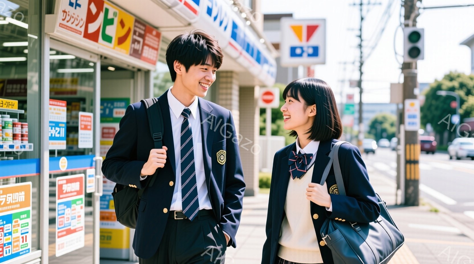 制服を着た若い男女が歩道を歩いている。男性は紺色のブレザーにネクタイ、女性は紺色のブレザーに白いセーターを着ており、それぞれ肩にリュックサックを背負っている。背景には商店や信号機が見え、晴れた日の賑や - AI生成フリー素材