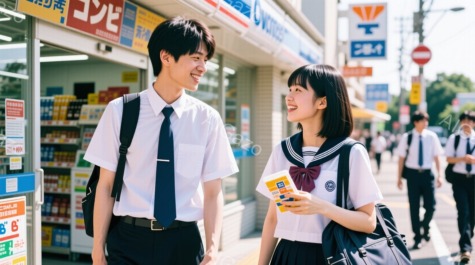 制服を着た男女が笑顔で互いを見つめ合っている。男性は白いシャツに黒いネクタイ、女性はセーラー服にリボンをつけ、どちらも肩にリュックサックを背負っている。背景にはコンビニエンスストアと、緑の木々が見え、晴れた日の賑やかな街並みが広がっている。