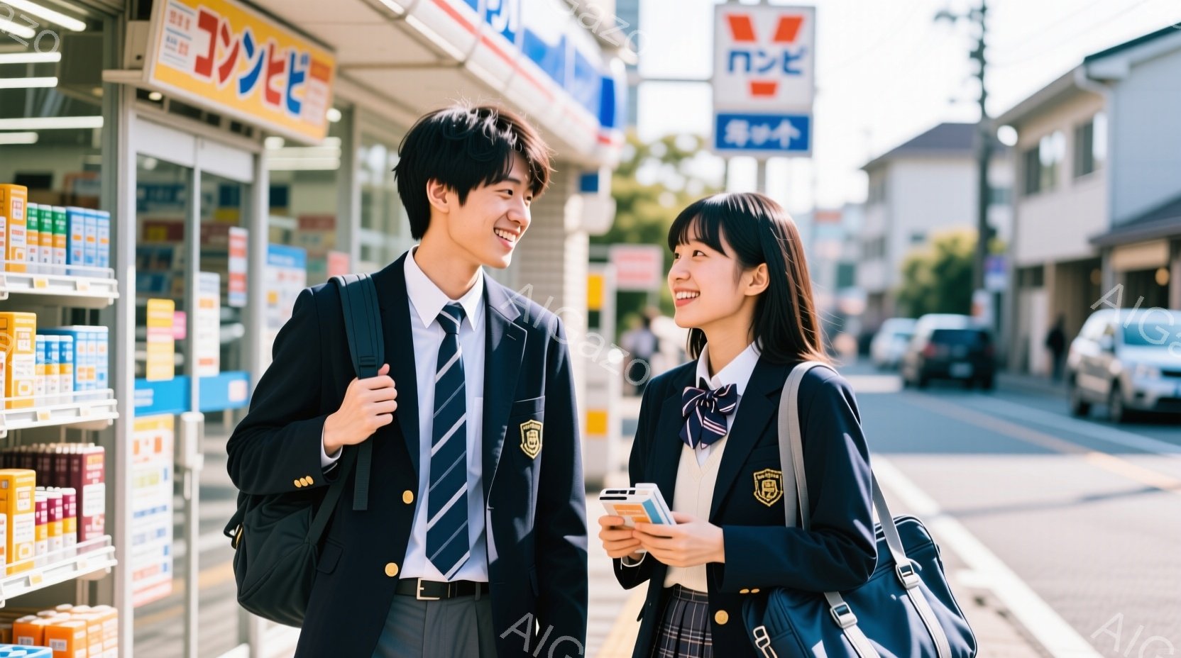 制服を着た若い男女が道路の端に立っている。男性は黒いジャケットとズボン、ネクタイを着用し、女性はブレザーとチェックのスカート、リボンを着用している。彼らは互いに微笑み合い、楽しそうな雰囲気で、背景には - AI生成フリー素材