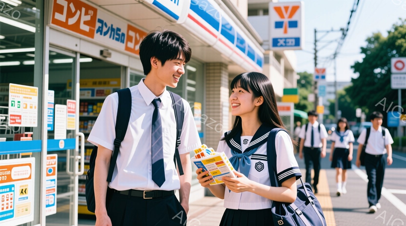 制服姿の男女がコンビニの前で楽しそうに話しています。男性は白いシャツにネクタイ、濃い色のズボン、女性はセーラー服にブレザー、短いスカートを着用しており、それぞれ肩にバッグを背負っています。背景にはコンビ二と緑豊かな木々が見え、晴れた日の穏やかな雰囲気が伝わってきます。
