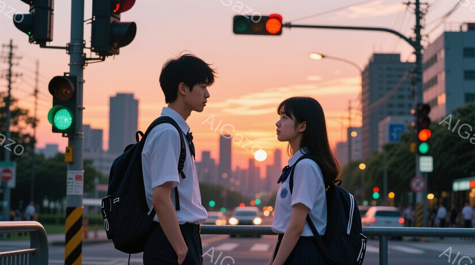 制服を着た少年と少女が、夕暮れ時の街角で向き合って立っている。少年は黒髪で、少し憂いのある表情をしている。少女は肩までの長さの黒髪で、控えめな視線を少年の方へ向けている。背景には高層ビル群が広がり、空はオレンジ色と紫色のグラデーションで、穏やかで少し切ない雰囲気を醸し出している。