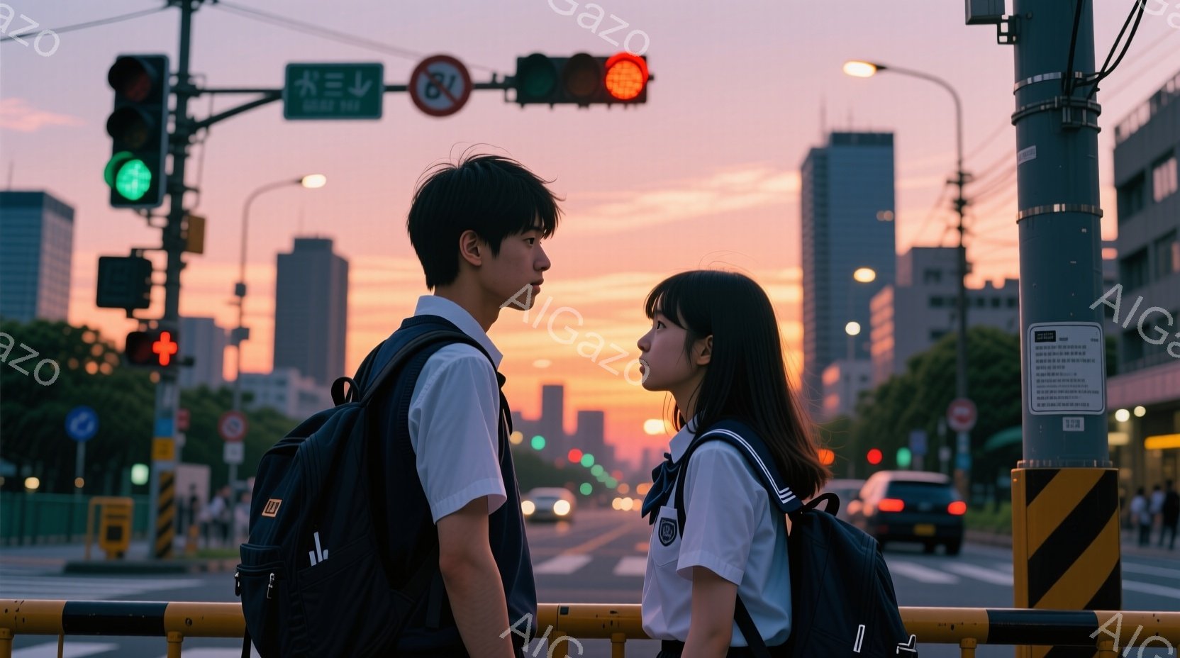 制服を着た男女が歩道に並んで立っており、互いに少し顔をそむけている。背景には高層ビル群と夕焼け空が広がり、オレンジと紫の色合いが印象的だ。彼らはリュックを背負い、学校から帰る途中か、あるいは何かを考え込んでいるような、少し物憂げな雰囲気を醸し出している。