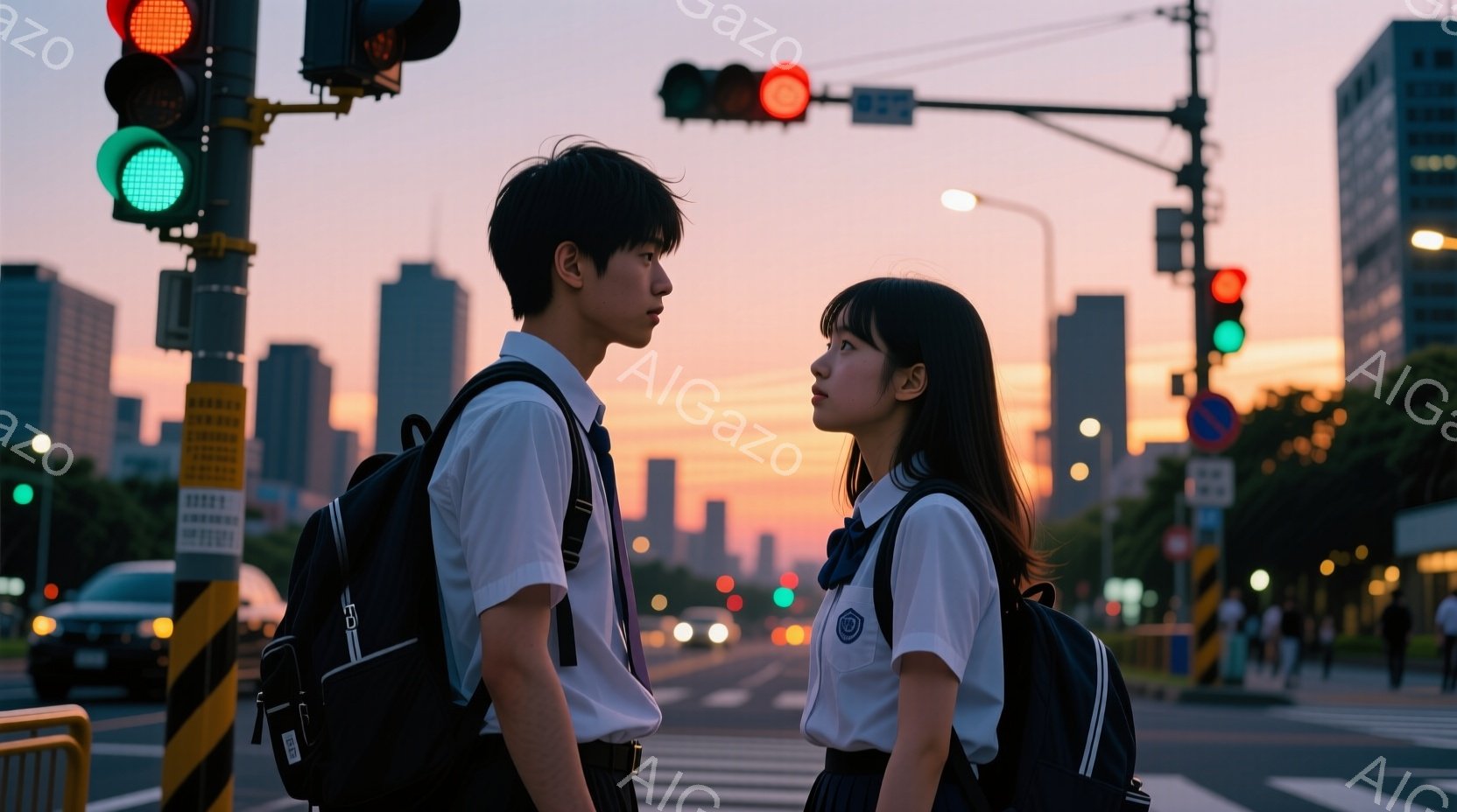 制服を着た少年と少女が横断歩道で互いに向き合って立っている。少年は黒髪で、少し緊張した表情をしており、少女はロングヘアで、やや物憂げな表情をしている。背景には高層ビル群が広がり、夕焼け空がオレンジ色に - AI生成フリー素材