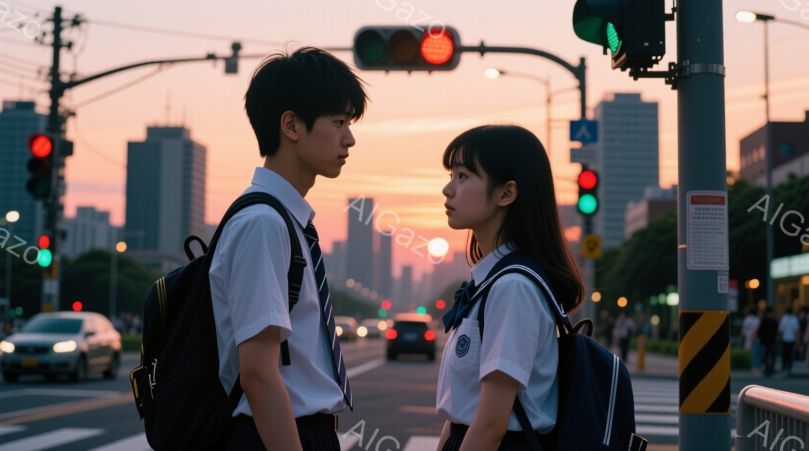 制服を着た男女が交差点で向かい合っている。男の子は黒髪で、少し憂いを帯びた表情で女性を見つめている。背景には夕焼け空と高層ビル群が広がり、交差点には数台の車が走っている。