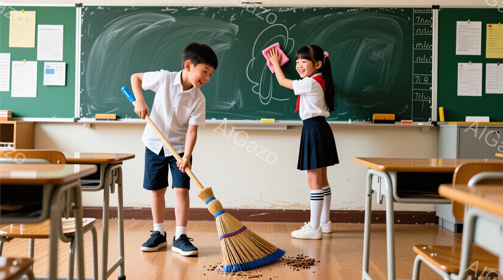 教室で、少年はほうきで床を掃いており、少女は雑巾で机を拭いています。少年は青い短パンと白いシャツを着ており、笑顔でほうきを振るっています。少女はセーラー服を着て、右手を上げて楽しそうに机を拭いています。