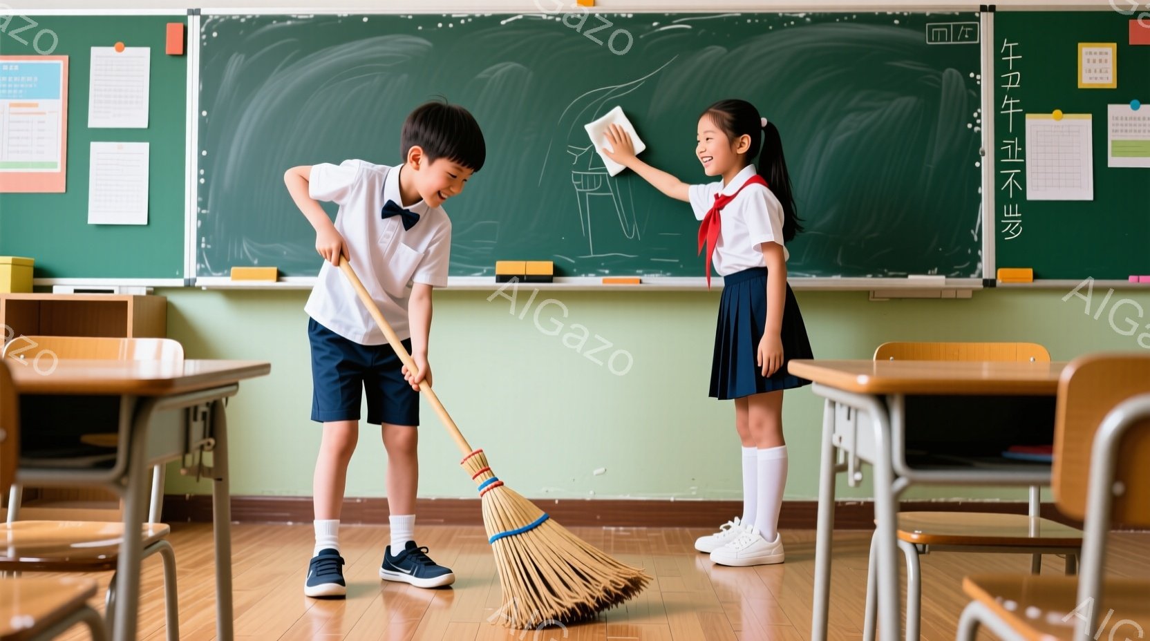 制服を着た少年と少女が教室で掃除をしている様子が写っている。少年はほうきで床を掃き、少女は黒板を拭いている。二人は笑顔で、教室は明るく、清潔で、学校生活の日常的なシーンを表している。