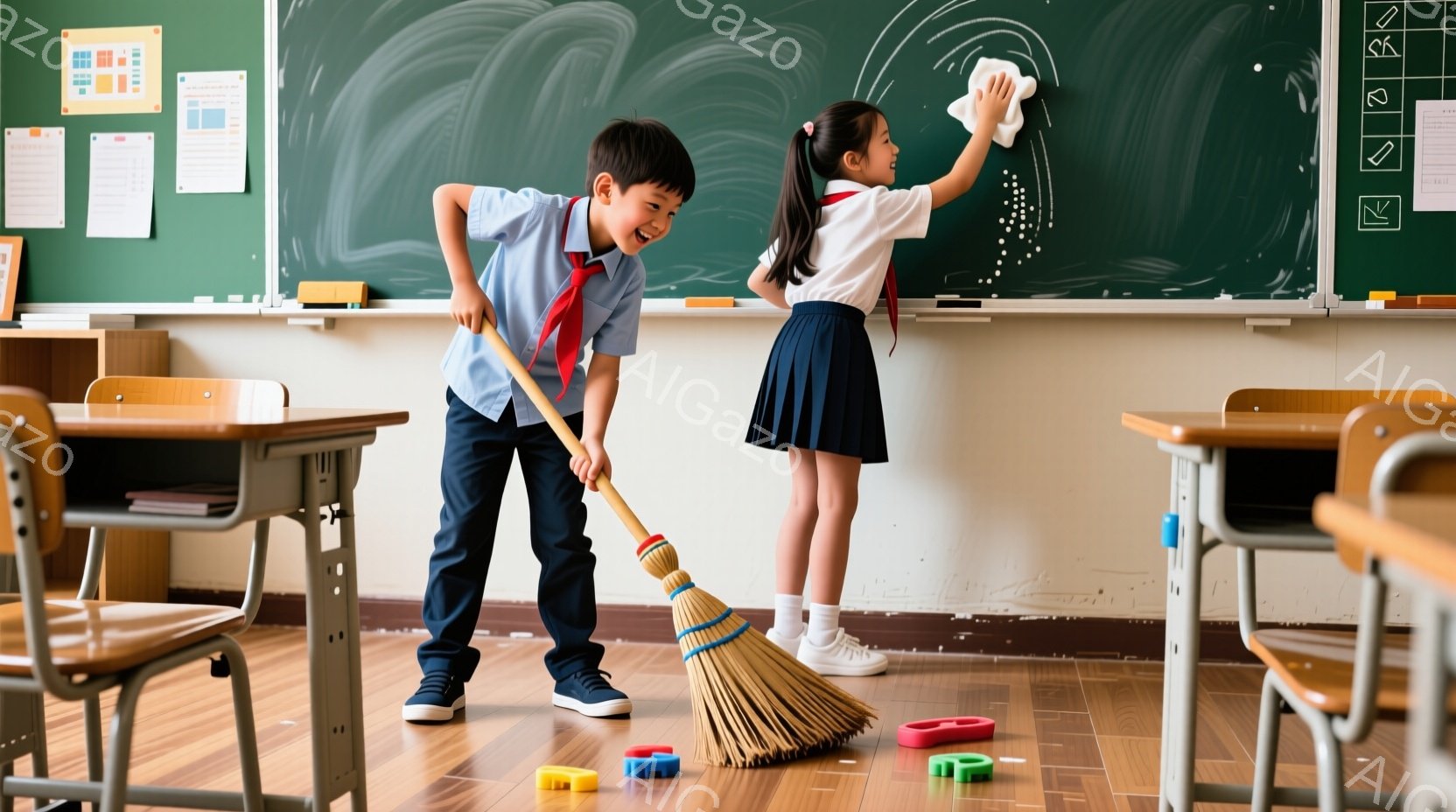 制服を着た男の子と女の子が教室で掃除をしている様子が描かれています。男の子はほうきで床を掃いており、少し顔を上げて笑顔を浮かべています。女の子は雑巾で机を拭いており、集中した表情で作業に取り組んでいます。