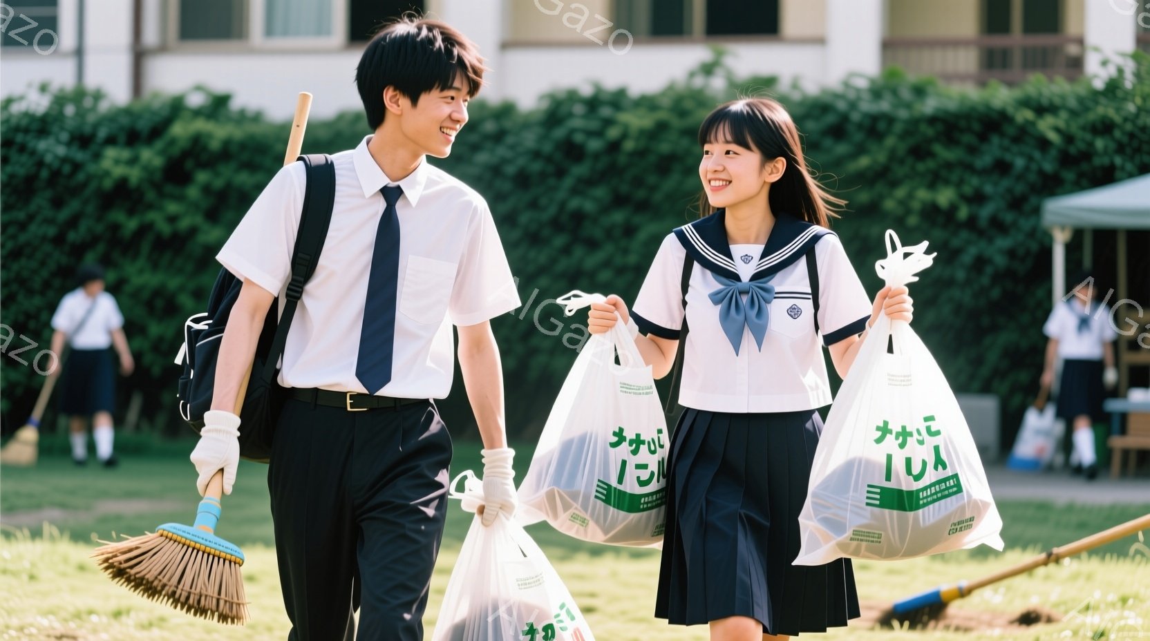 制服を着た男女が、それぞれゴミ袋を持って笑顔で歩いている。男性は短髪で、女性はロングヘアをハーフアップにしている。背景には緑豊かな草地と木々、そして校舎の一部が見え、晴れた日の清掃活動が行われている様子が伺える。