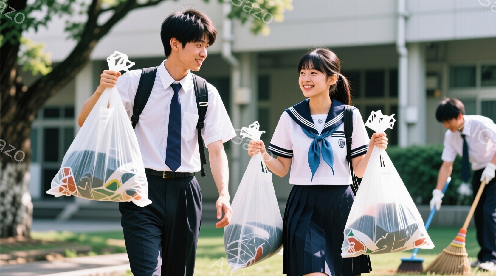 制服を着た男子生徒と女子生徒が、ゴミ袋いっぱいのゴミを持って笑顔で歩いている。女子生徒は紺色のリボンと白いブラウスにスカートを合わせ、男子生徒はネクタイを締め、紺色のブレザーを着ている。背景には学校の建物と緑豊かな木々が見え、晴れた日の清掃活動をしている様子が伺える。