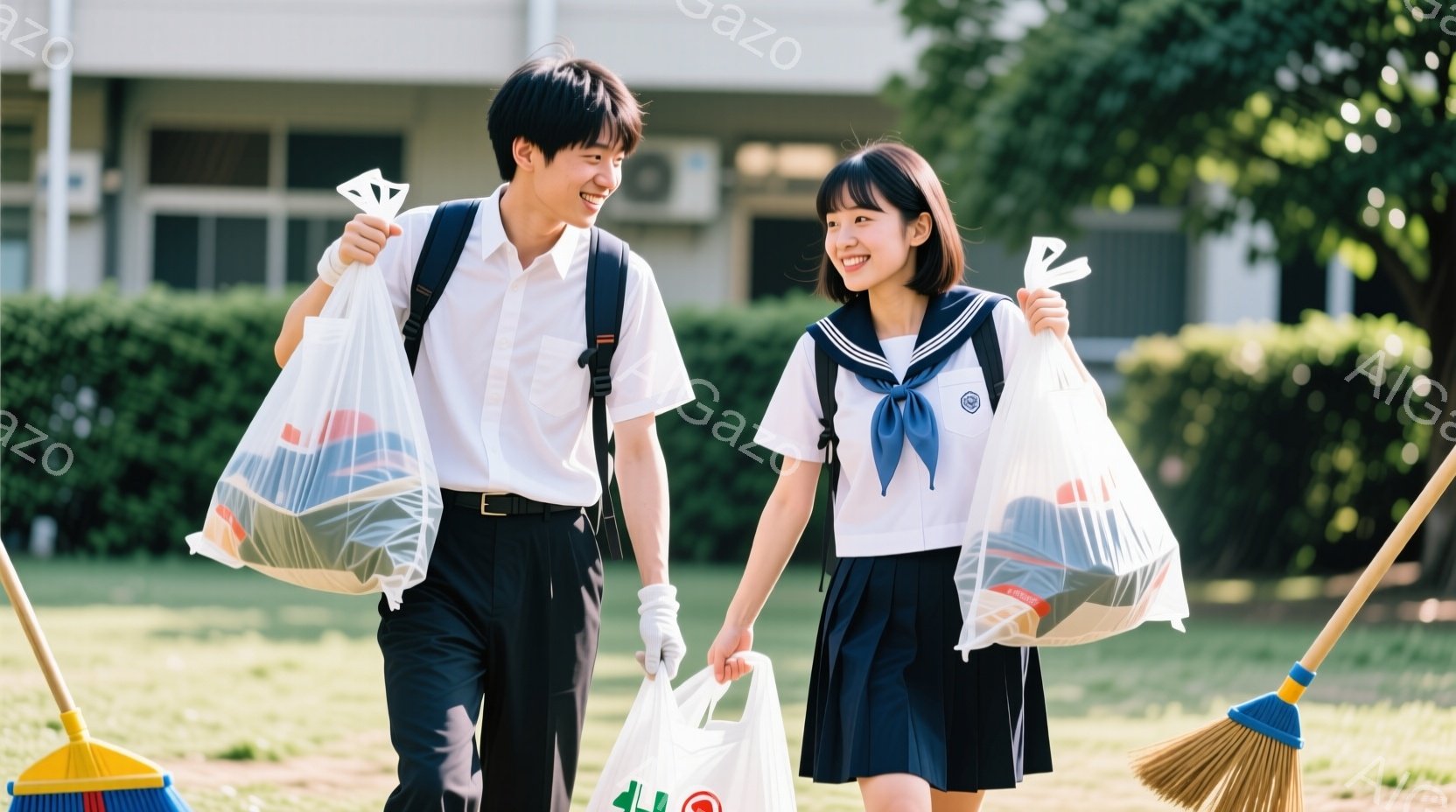 制服を着た男女が、それぞれビニール袋いっぱいのゴミを持って歩いています。男の子は短い髪で、少し微笑んでおり、女の子は三つ編みで、明るく笑顔を浮かべています。背景には緑豊かな木々と学校の建物が見え、晴れた日の穏やかな雰囲気が漂っています。