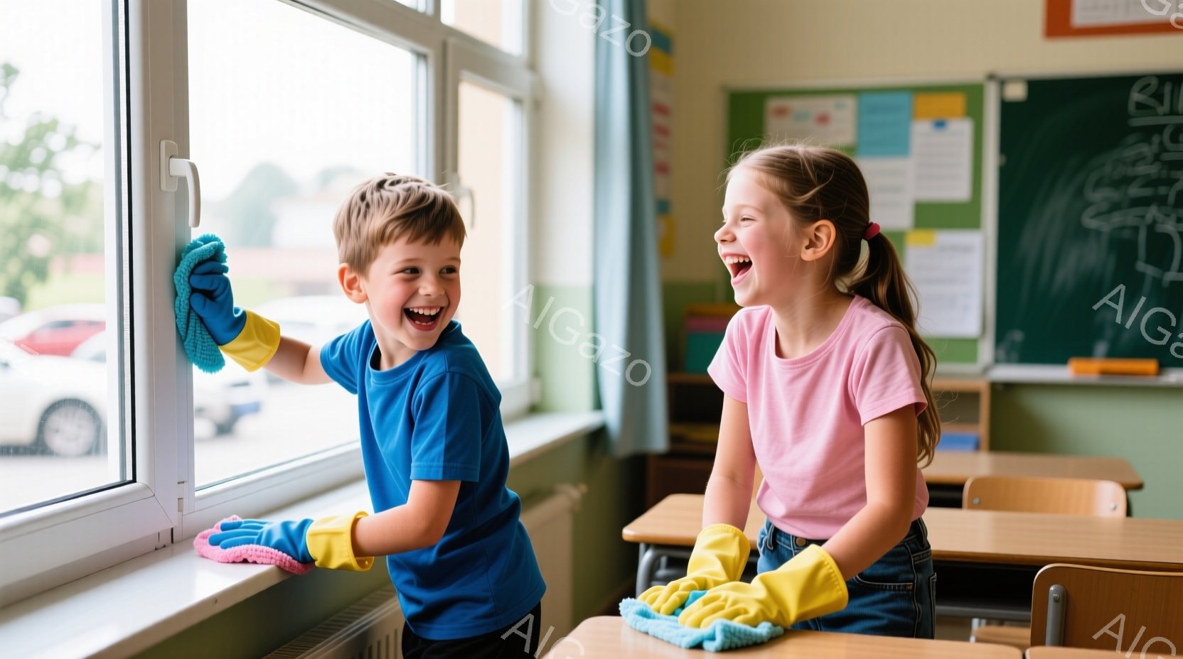 少年と少女が教室で窓拭きをしている様子が描かれている。少年は青いTシャツと黒いズボンを着用し、少女はピンクのTシャツとジーンズを着用、共に黄色いゴム手袋をはめて笑顔を見せている。教室には木製の机と椅子が並び、黒板には文字や絵が描かれており、明るく陽気な雰囲気が感じられる。