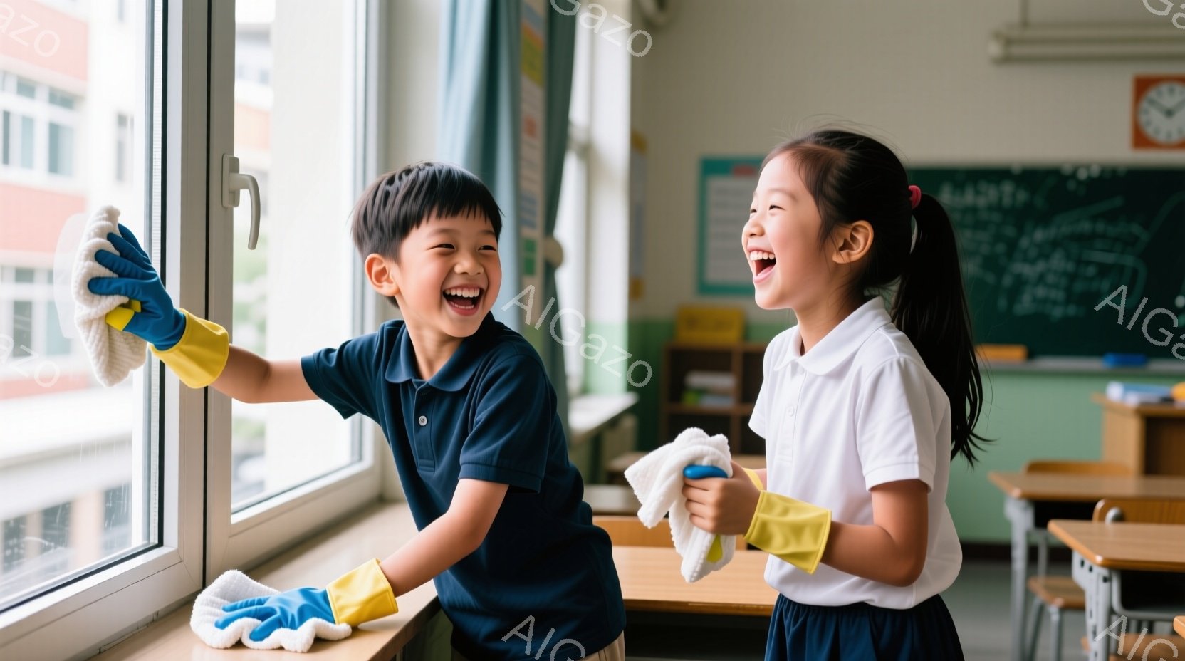 少年と少女が教室の窓を拭いています。少年は濃い青のポロシャツを着ており、少女は白いブラウスと濃い青のスカートを着ています。二人は笑顔で、楽しそうに窓拭きをしており、教室には机と椅子、黒板があり、明るい雰囲気です。