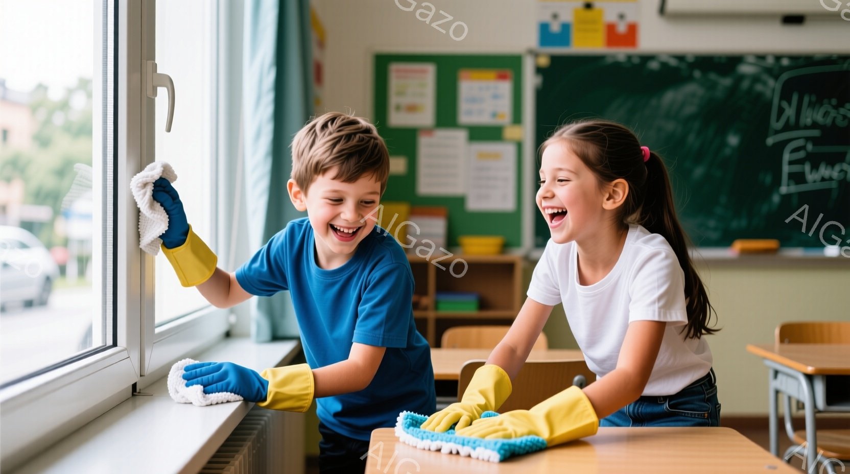 少年と少女は、黄色いゴム手袋をはめて、教室の窓を拭いています。二人は笑顔で、楽しそうに作業に取り組んでおり、喜びと活気が伝わってきます。背景には窓の外の風景が見え、明るい日差しが差し込み、教室の机と黒板も確認できます。