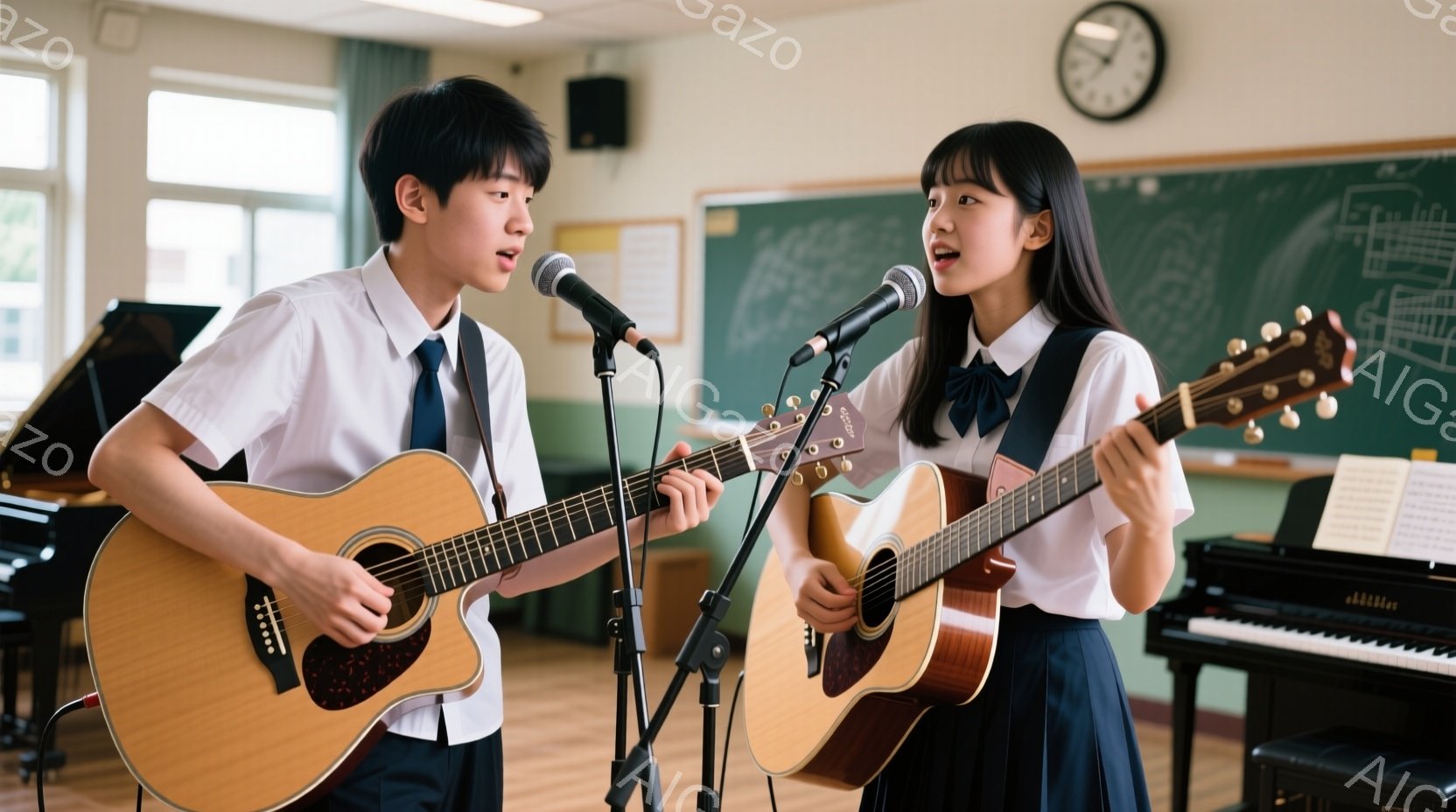 制服を着た少年と少女が、それぞれアコースティックギターを弾きながら歌っている様子が描かれている。少年は白いシャツにネクタイ、少女はブラウスにリボン、どちらも紺色のスカートを履いており、真剣な表情で歌っ - AI生成フリー素材