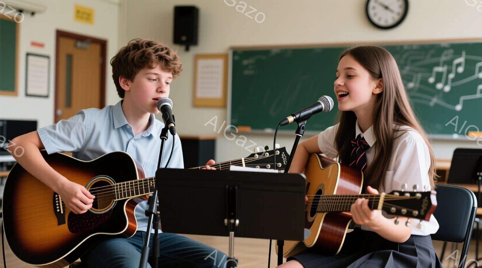 少年と少女がステージ上でギターを演奏している様子が写っている。少年は巻き毛で青いシャツを着ており、熱心な表情で歌っている。少女は三つ編みで制服を着ており、笑顔でギターを弾いている。 - AI生成フリー素材