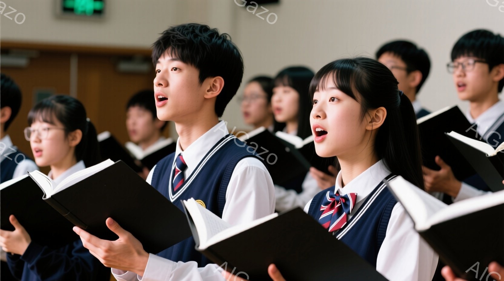 制服を着た学生たちが合唱に興じている様子が写っている。学生たちは皆、白いシャツにネクタイ、紺色のベスト、そしてブレザーを着用しており、真剣な表情で楽譜を見ながら歌っている。背景は教室のような室内で、明るい光が差し込み、全体的に活気があり、和やかな雰囲気が漂っている。