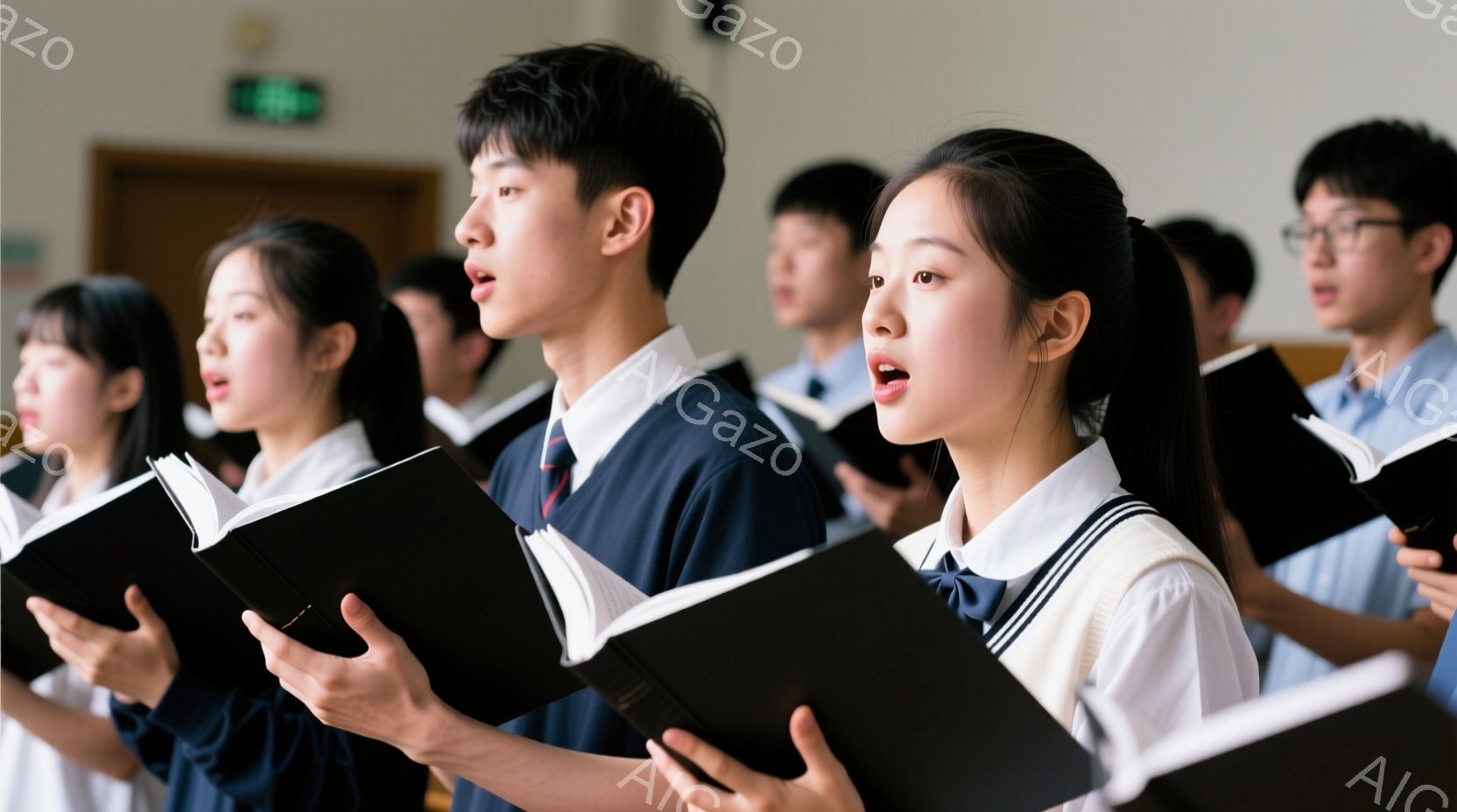 制服を着た学生たちが一列に並び、楽譜を見ながら歌っている様子が写っています。彼らは皆、青いブレザーに白いシャツ、ネクタイを締め、真剣な表情で歌に集中しています。背景はぼやけていますが、おそらく教室や講堂のような室内で、穏やかで集中した雰囲気が漂っています。