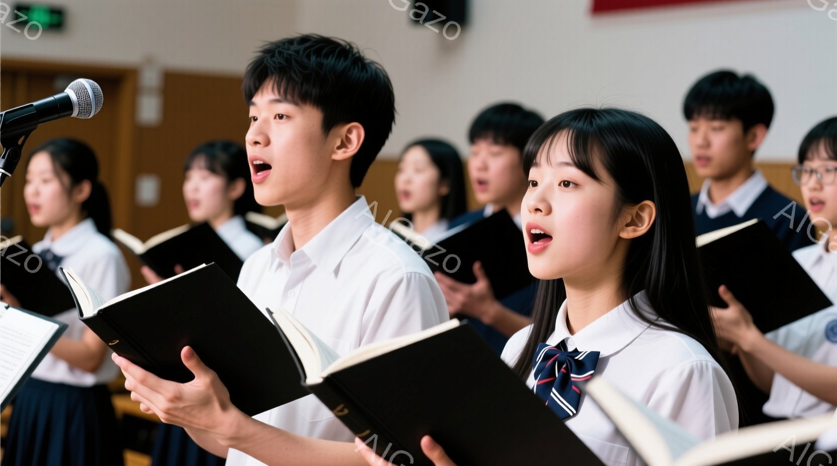 制服を着た中学生や高校生と思われる生徒たちが合唱している様子が写っている。生徒たちは楽譜を見ながら口を開けて歌っており、真剣な表情で歌っている様子が伺える。背景には他の生徒たちが並んでおり、明るい室内で合唱練習や発表会が行われている雰囲気を感じさせる。