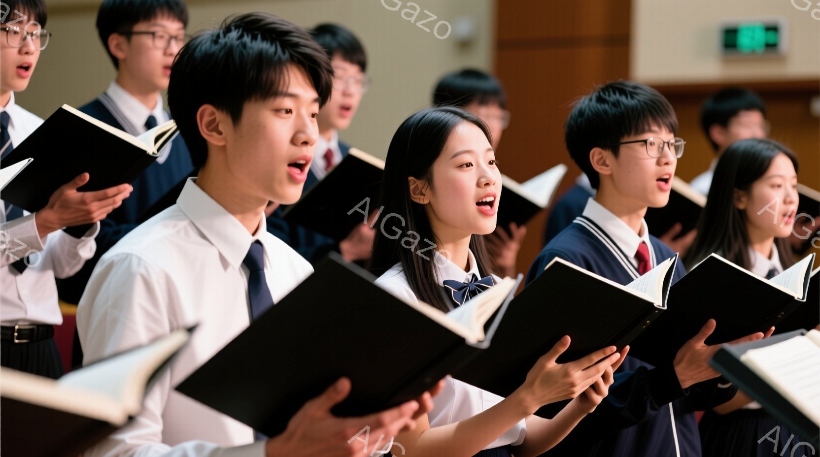 制服を着た若い男女が合唱している様子が写っています。彼らは皆、白いシャツにネクタイ、濃い色のブレザーを着ており、楽譜を見ながら口を開けて歌っています。背景は木製のパネルで構成されており、温かく落ち着いた雰囲気を醸し出しています。