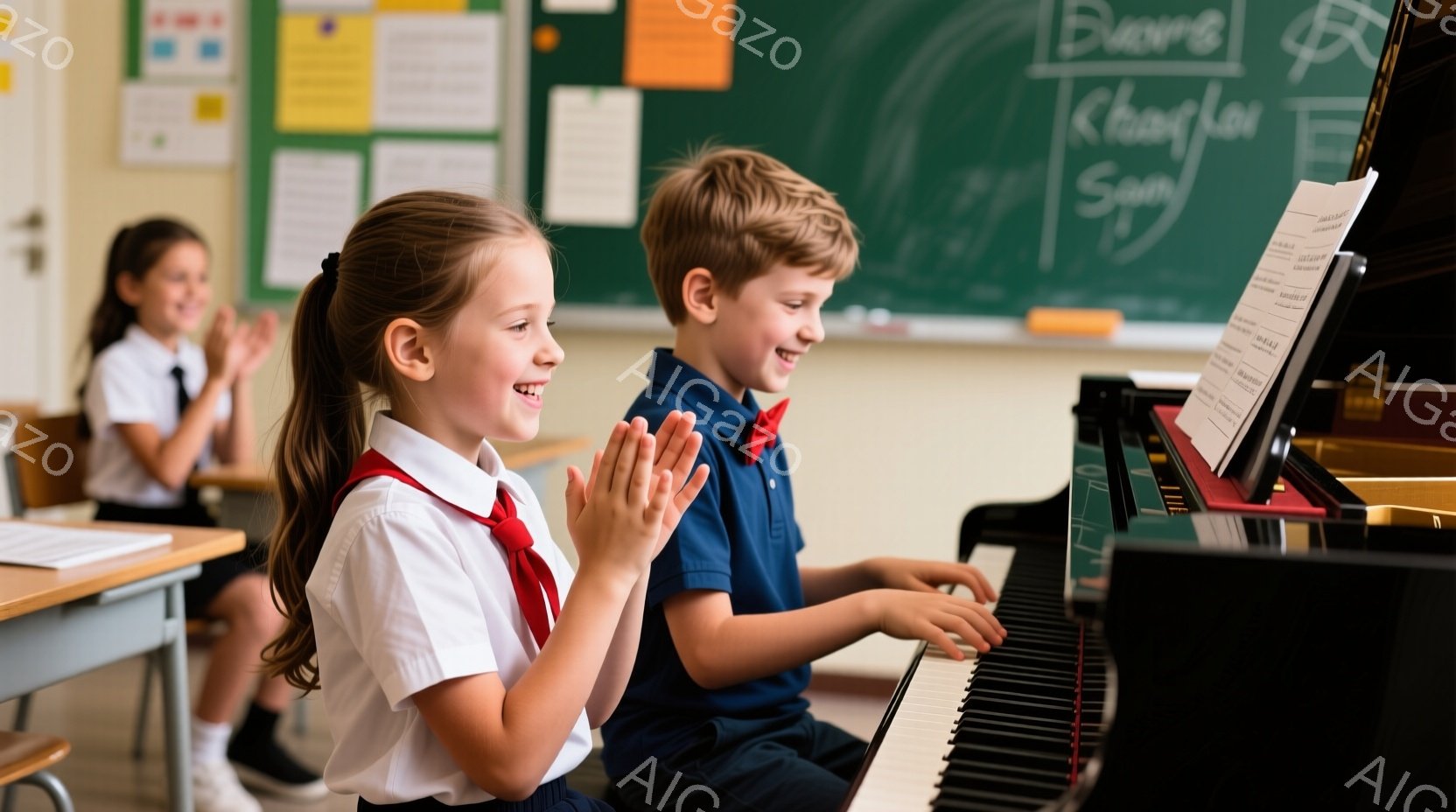 教室でピアノを弾く少年と拍手する少女が写っている。少年は紺色のセーターとズボンを着用し、ピアノに向かって座って演奏している。少女は白いシャツに赤いネクタイとスカートを着て、満面の笑みで拍手を送っている。