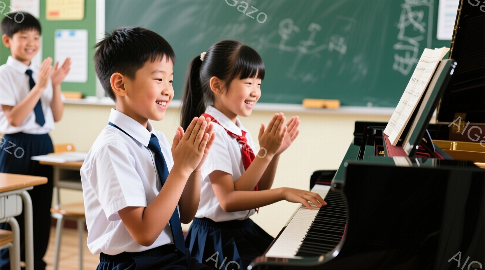 教室でピアノを弾く少女と、拍手をする少年が写っています。少女は紺色のスカートと白のブラウス、赤色のリボンを着用し、笑顔でピアノに向かっています。少年も同様の制服を着ており、両手を叩いて少女を応援しています。