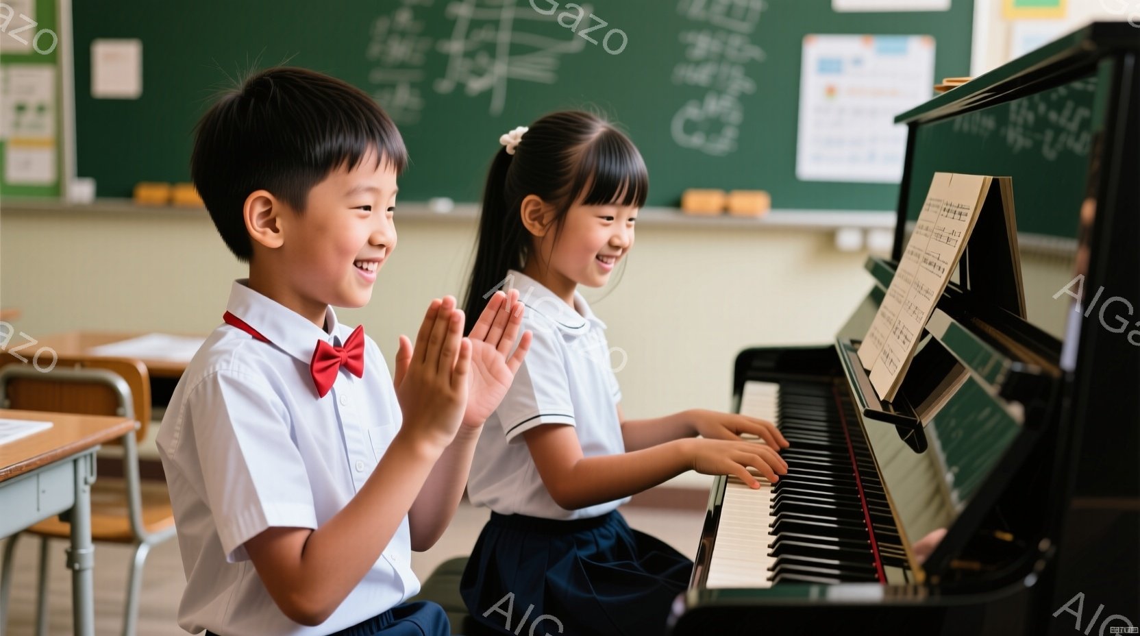 ２人の小学生がピアノを演奏している様子が写っています。男の子は赤い蝶ネクタイをつけ、両手を合わせて笑顔で女の子を見ており、女の子はピアノに向かい、真剣な表情で演奏しています。背景には黒板があり、教室の - AI生成フリー素材