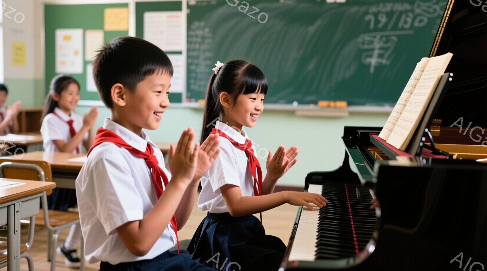 教室で、制服を着た小学生の男の子と女の子がピアノの周りにいます。男の子は両手を合わせて嬉しそうに微笑み、女の子はピアノを弾きながら満面の笑みを浮かべています。背景には他の生徒や黒板があり、明るく活気のある雰囲気です。
