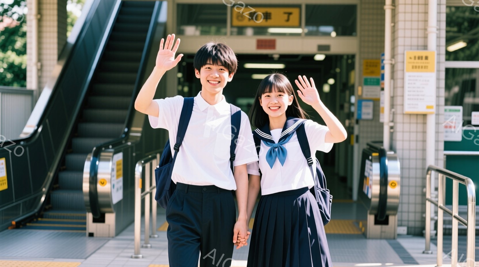 制服を着た若い男女が駅の改札前で手をつないで微笑んでいます。男性は紺色のズボンと白いシャツ、ネクタイを着用し、女性はプリーツスカートと白いブラウス、同じネクタイを着用しています。背景にはエスカレーターや改札、駅の案内板が見え、晴れた日の穏やかな雰囲気が漂っています。