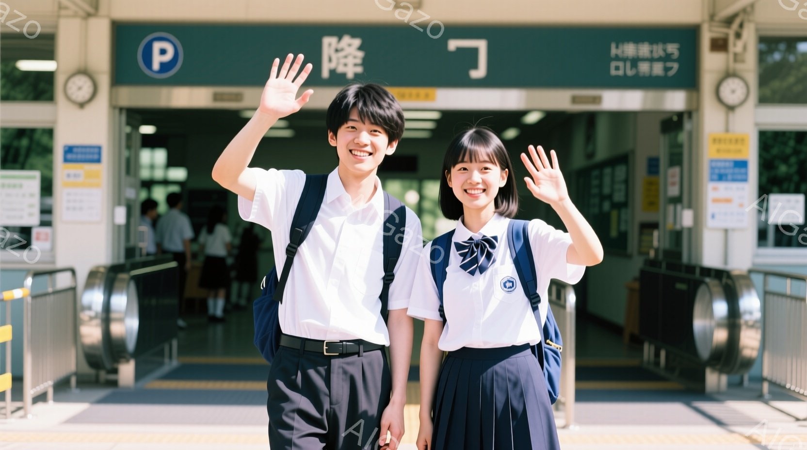 制服を着た男女の学生が、入り口の前で笑顔で手を振っています。男子は黒髪で、紺色のブレザーにズボンを着用し、女子は同じ制服にスカートを合わせ、三つ編みヘアです。背景には入り口と黄色い線、そして緑豊かな木々が見え、晴れた日の明るい雰囲気を感じさせます。