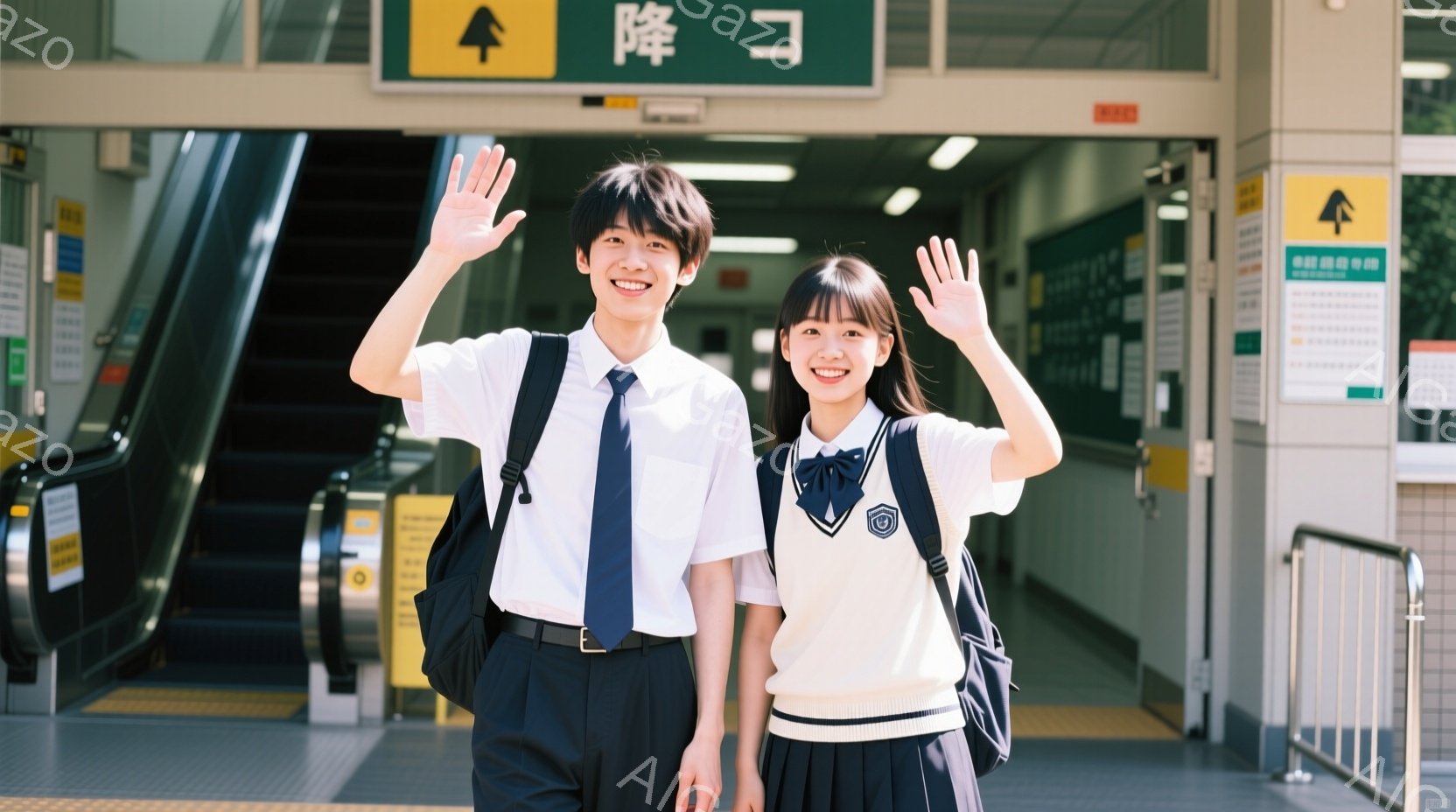 制服を着た男女の学生が、駅のホームでカメラに向かって手を振っています。男の子は黒髪で、紺色のブレザーにネクタイ、黒いズボンを着用し、笑顔を見せています。女の子は明るい茶色の髪で、白いセーラー服に紺色のスカート、同じく笑顔で、背景にはエスカレーターや案内板が見え、明るい日差しが差し込む駅の雰囲気です。