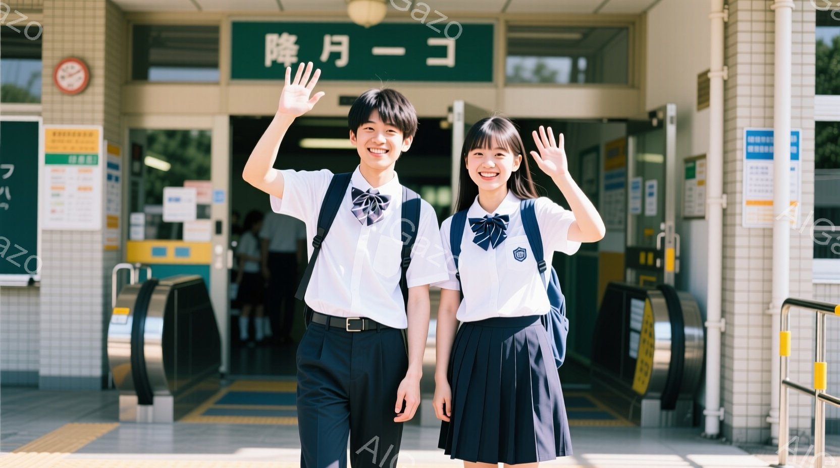 制服姿の男女の学生が、改札の前で笑顔で手を振っています。男の子は短髪で、女の子はロングヘアをハーフアップにしており、どちらも明るい表情をしています。背景には、改札と電車の案内板があり、晴天で明るい日差しが差し込んでおり、全体的に爽やかな雰囲気です。