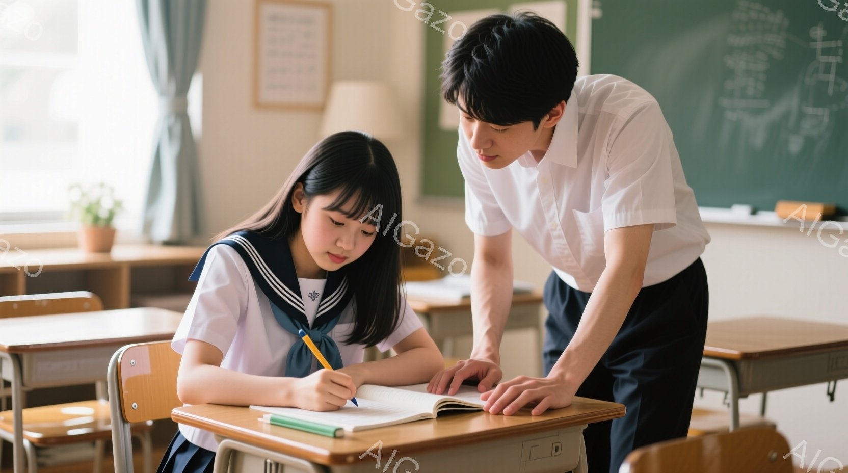 教室で机に向かって勉強している女子学生と、彼女の肩越しに何かを指し示している男子学生が写っている。女子学生はセーラー服を着ており、髪は肩までの長さで、集中した表情をしている。教室には木製の机と椅子が並び、壁には何らかの掲示物が貼られており、穏やかな雰囲気である。