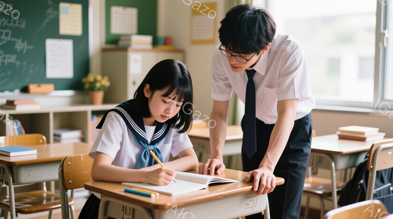 制服を着た女子生徒が机に向かって何かを書き、真剣な表情で集中しています。先生らしき男性が彼女の肩越しに覗き込み、何かを指し示しながら指導しています。教室の背景には黒板や机、本などが写り、学習に集中した - AI生成フリー素材