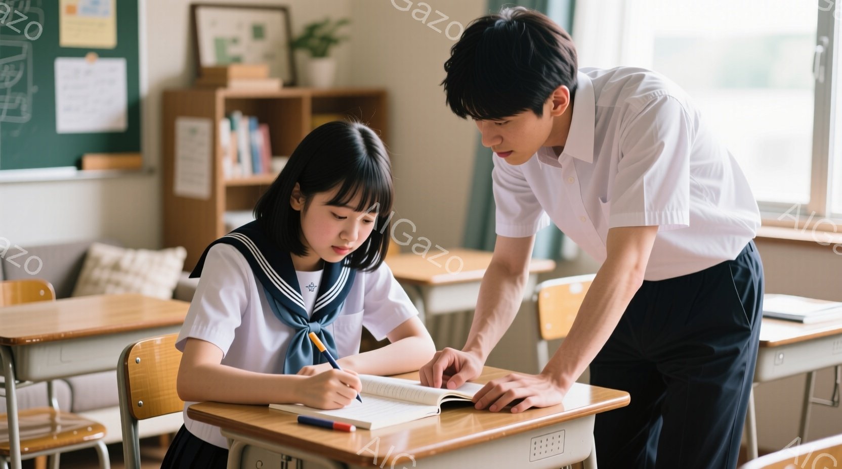 制服を着た女子生徒が机に向かい、真剣な表情で何かを書き込んでいる。男子生徒は彼女の肩越しに覗き込み、指でノートを指して説明しているようだ。教室には木製の机が並び、壁には棚があり、全体的に明るく穏やかな雰囲気が漂っている。